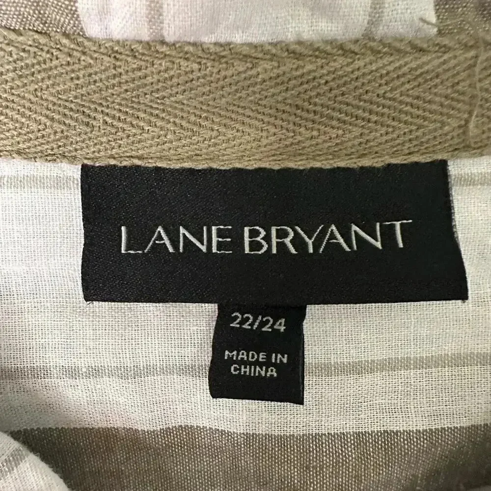 Lane Bryant Womens Blouse linen cotton blend button down striped white plus size